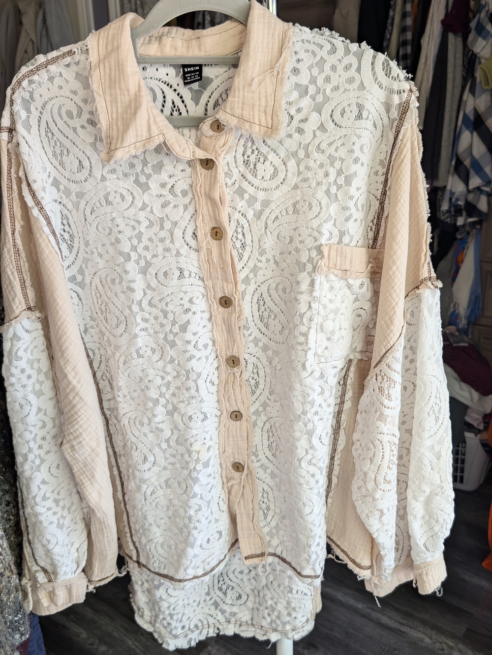 Lace-Front Button-Up UnisexTop in Cream and White